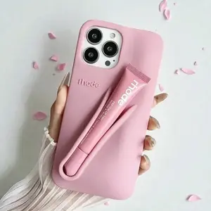 Rhode Cute Makeup Phone Case with Built-In Lip Gloss Storage for iPhone 11 12 13 14 15 16 17, Stylish Protective Back Cover, Portable Beauty Phone Accessory for Travel