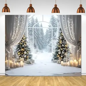 1pc Rustic Polyester Winter Wonderland Backdrop, Snowy Forest Scene, No Electricity Needed, Featherless, Versatile for Outdoor Decor, Parties, and Festive Photo Sessions Banners
