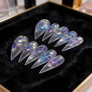 Handmade Short Nail Tips, Dragon Claw Animal Cat Claws Transparent Half Sparkle, Glossy Finish, Single Item, No Flammable Liquid