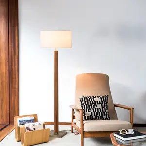 Tambo Floor Lamp - Natural Ash Wood Finish, Weathered Brass, White Linen Shade, Dimmer