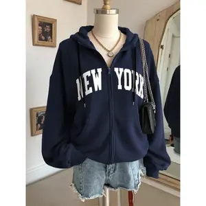 Women's Blue Hooded Fitted Sweatshirt with New York Graphic Print, Long Sleeve Zipper Front Casual Jacket, Fall & Winter Fashion Outerwear WomenswearRAIMENTRY