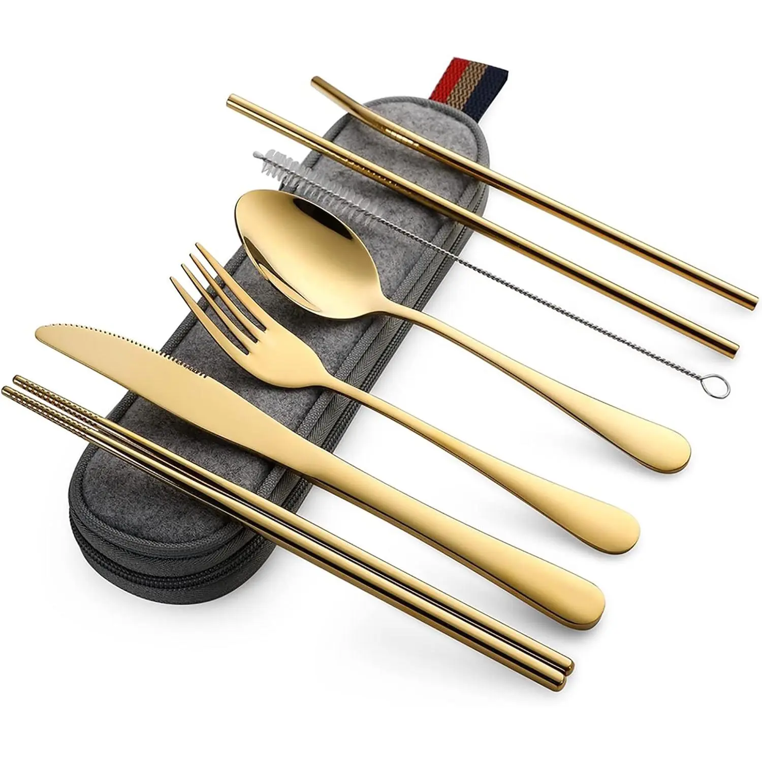 Adult Minimalist 32pcs Plastic-Free Reusable Stainless Steel Tableware Set - Straight Utensils Kit with Aluminium Accents, Knife, Fork, Spoon, Chopsticks, Cleaning Brush, Straws, Compact Case for Travel, Camping