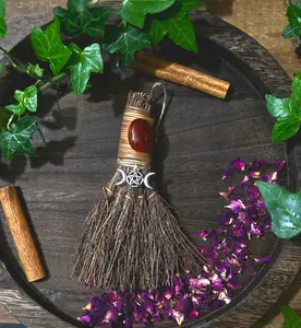 Triple Moon Pentacle Witch's Broom, Witchy Altar Besom with Carnelian