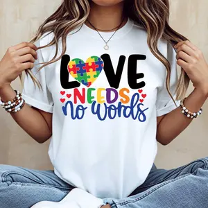 Love Needs No Words Puzzle Heart Print Tshirt Crewneck Casual Wear For Autism Awareness And Everyday Style
