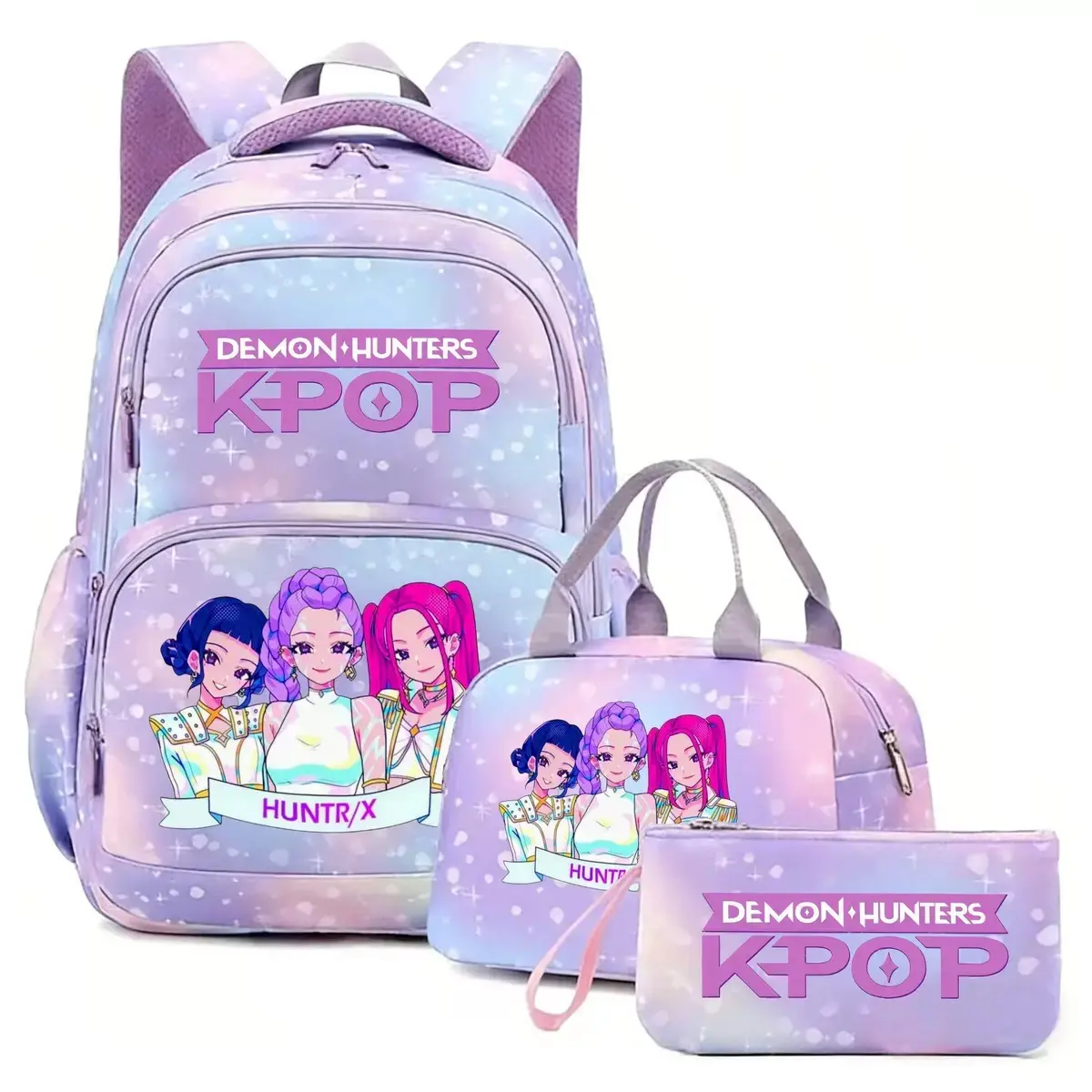 3 In 1 K-pop Cartoon Girl BackpackSetPastelGradient Star PrintStudentSchool Bag LunchBag PencilCase ForTeen Girls