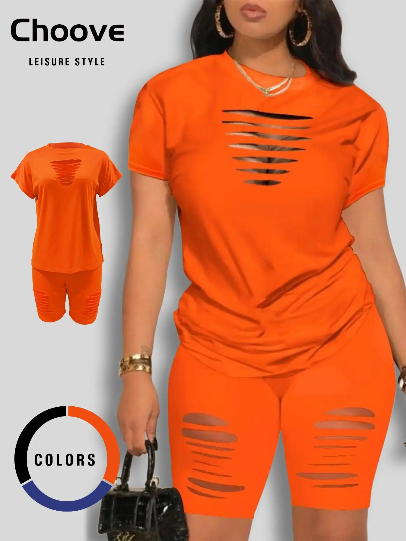 Two-Piece Set Women's Plain Ripped Tee & Shorts Set, Casual Trendy Round Neck Cap Sleeve T-shirt & Skinny Shorts, Summer Clothes Women, Summer Outfits