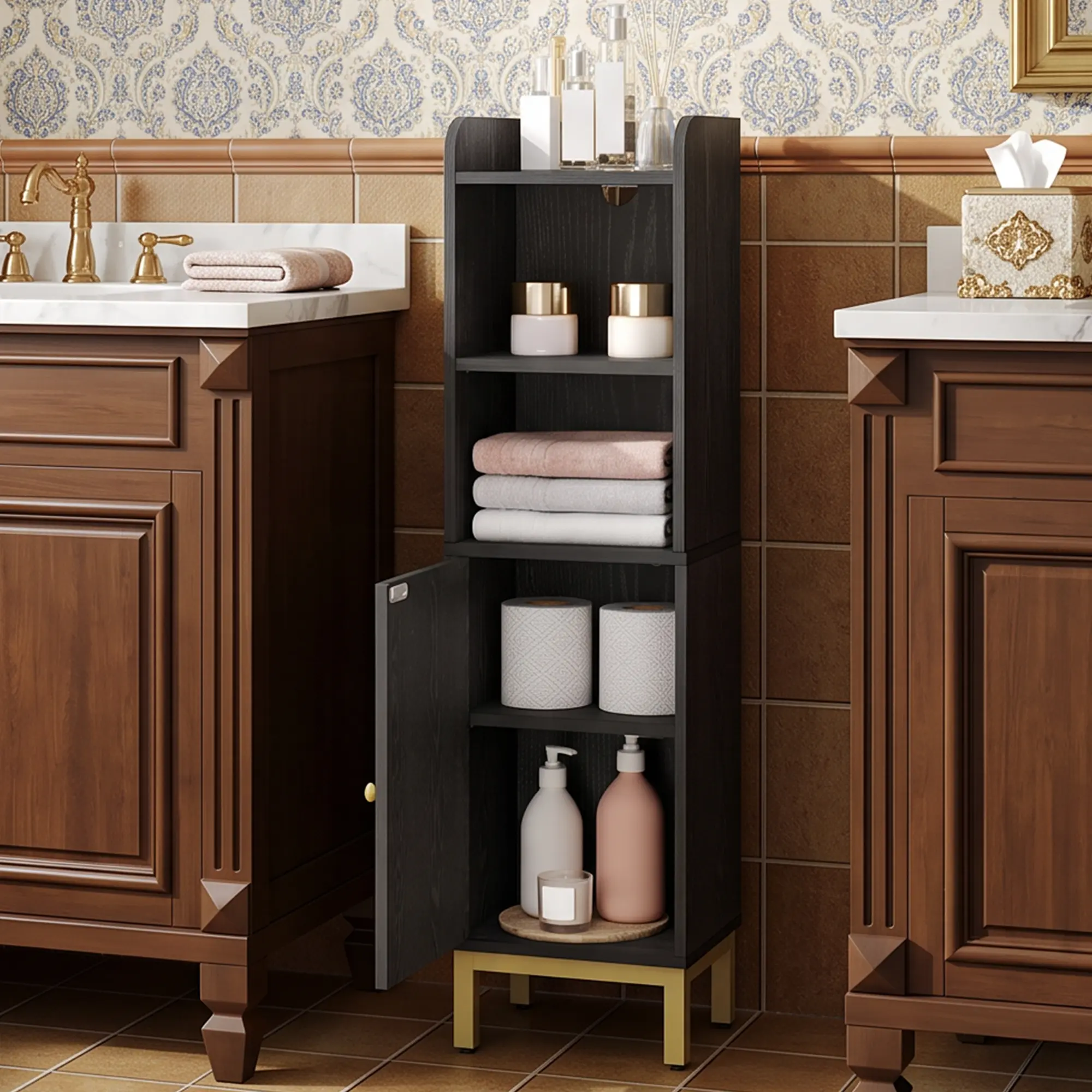 Hzuaneri Black Bathroom Corner Floor Cabinet - Narrow Single Unit with Metal Legs, Particle Wood Build, Door, Adjustable Shelves, Toilet Paper Holder, Quick Setup for Small Spaces, Narrow Form Organizer, Interior Storage Furniture, Flexible Configuration