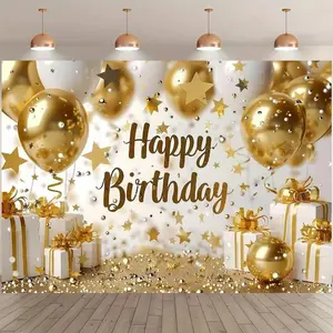 Happy Birthday Background Banner, 1 Count Gold Balloons and Stars Pattern Birthday Background, Birthday Party Decoration Supplies for Home Living Room Bedroom, Ornaments, for Backdrop Picture