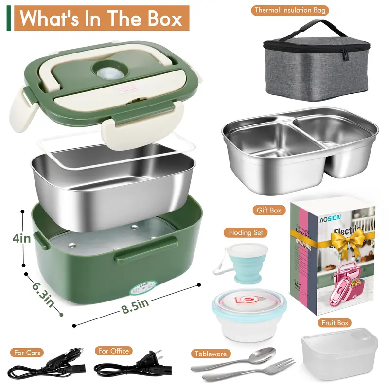 AOSION Electric Heated Lunch Box for Adults, 4 IN 1 Heating Lunch Box with 2 Pack 1.5L Container, 80W Lonchera Eléctrica Portátil, Food Warmer for Car/Truck/Office, Gift for Men (Green)