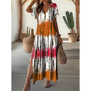 Tie Dye V-neck Dress, Elegant Split Short Sleeve Dress For Spring & Summer, Women's Clothing