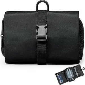 Roll Up Travel Toiletry Bag, Foldable Oxford Cosmetic Toiletries Organizer Bag for Men & Women Gym Camping Grooming with Hook (Black)