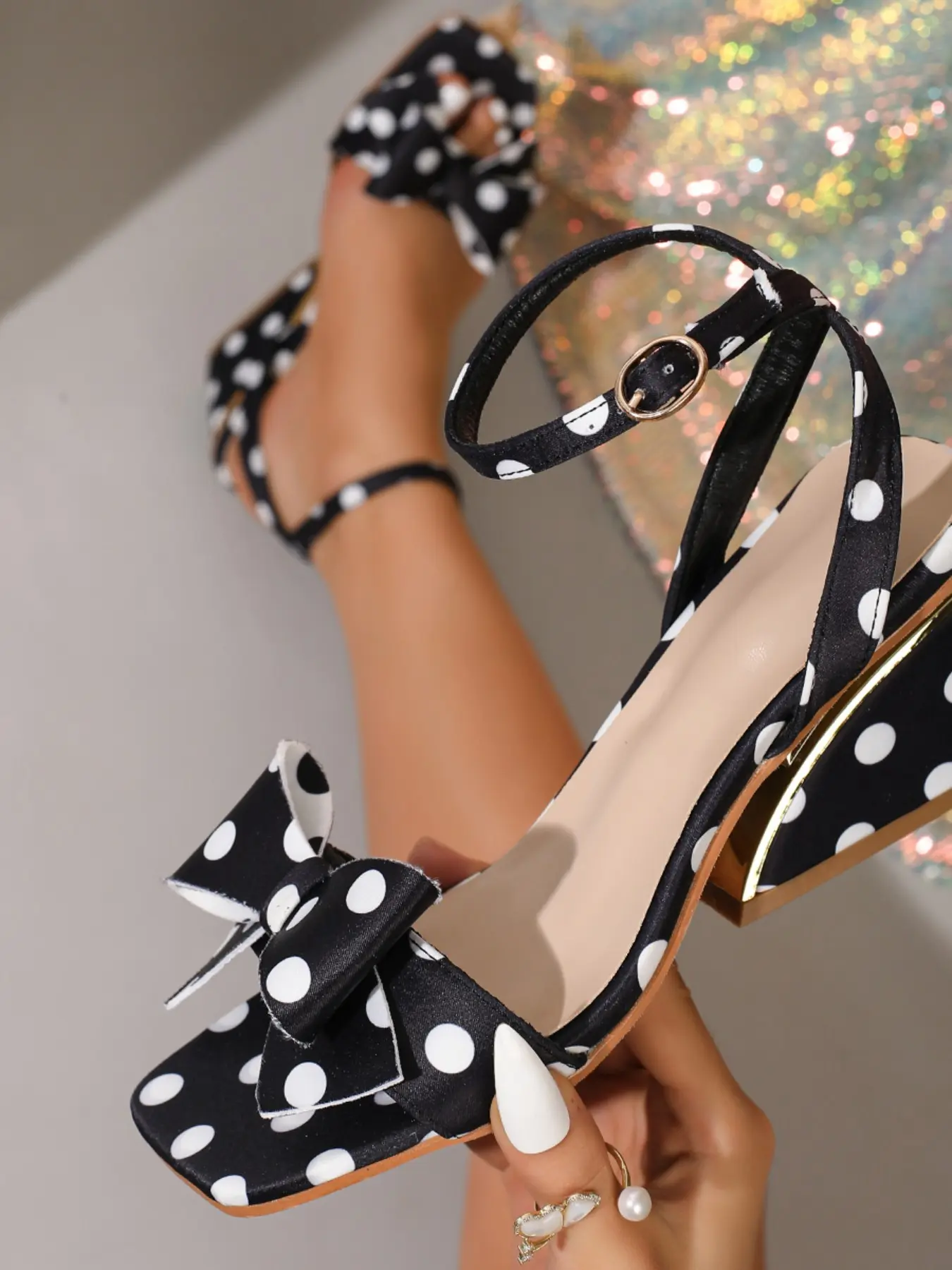 Black and white polka dot women's wedge sandals, square toe high heel sandals with large bow decoration, wedge platform fashion casual dress shoes for women Fashionable Wedge Sandals Casual Summer Sandals