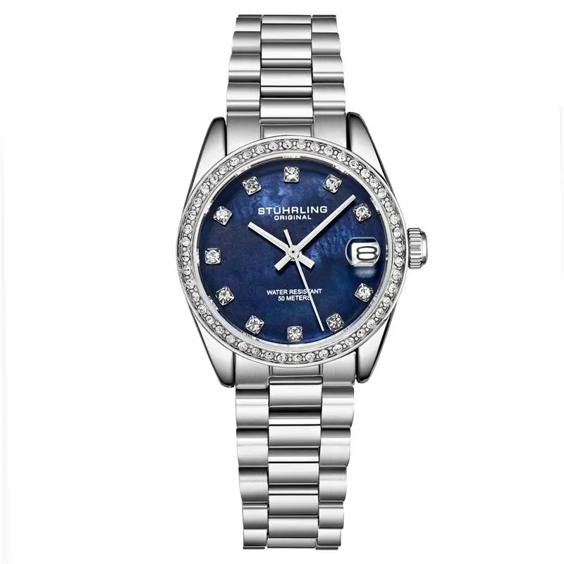 Stuhrling Women's Quartz Crystal Studded Bezel MOP Dial Stainless Steel Bracelet