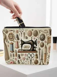 Vintage Sewing Machine Print Cosmetic Bag, Quilting & Sewing Toiletry Pouch, Lightweight Travel Makeup Organizer, Ideal Gift for Seamstress