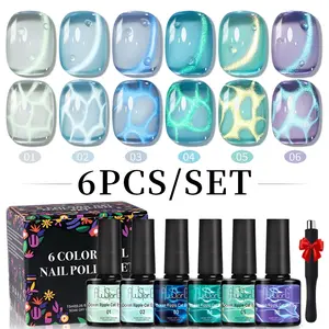 AWStorG 6Pcs Ocean Ripple Cat Eye Gel+ Magnet Set, Blue Green Cat Eye, Transparent Texture, Semi-Permanent, Suitable for UV/LED Nail Art