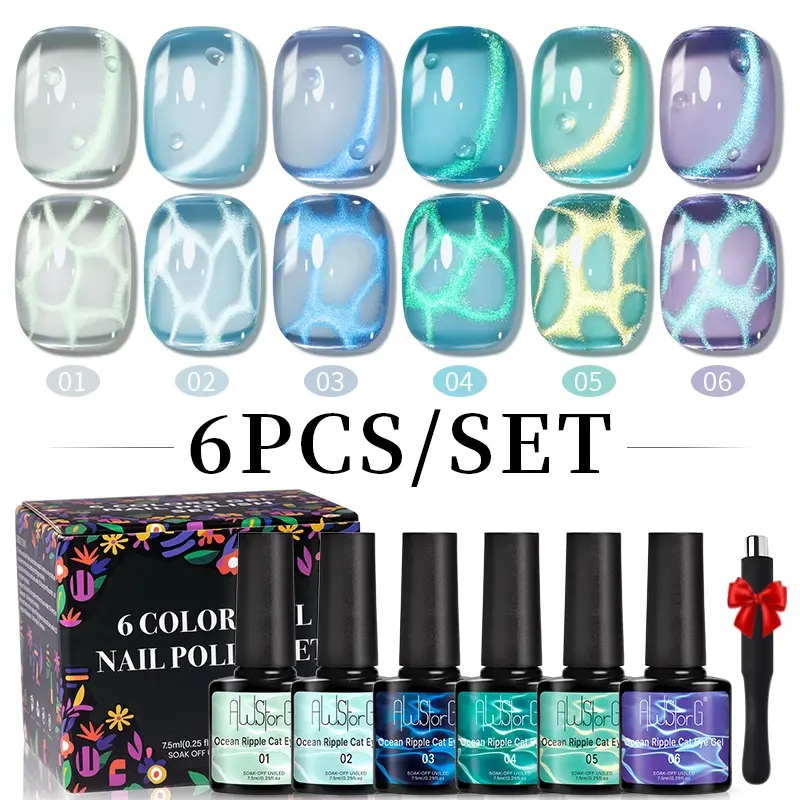 AWStorG 6Pcs Ocean Ripple Cat Eye Gel Nail Polish Kit+ Magnet Set, Gel Polishes, Blue Green Cat Eye, Transparent Texture, Semi-Permanent, Nail Manicure, Suitable for UV/LED Nail Art