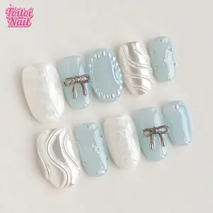 Blue Bow Handmade Press-On Nails | Medium Square Shape, 10pcs | Soft Elegant Blue Bow Design | Sheer Light Blue Base & White Sheer Texture & Silver Wave & 3D Bow & Pearl Rhinestone & High Gloss Accents | Reusable DIY Nail Kit for Women | Trendy Nails