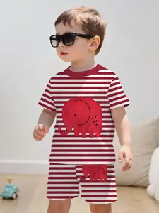 Boys Striped Cute Elephant 3D Print Set, Short Sleeve Hoodie and Gym Shorts, Comfortable Fabric, Summer Casual Wear