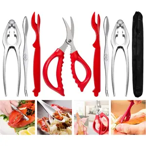 Stainless Steel Seafood Utensils Set Crab Crackers and Tools Crab Leg Crackers Picks Knife Shellfish Scissors Nut Cracker Forks (Red)