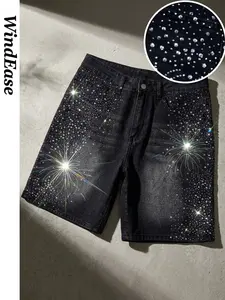 Men's Rhinestone Denim Shorts, Casual Loose-Fitting Above Knee, Button Fly, Random Print, Y2K Style, Perfect for Music Festivals and Nightclubs