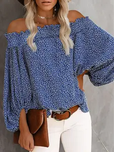 Blue Off Shoulder Floral Print Lantern Sleeve Blouse