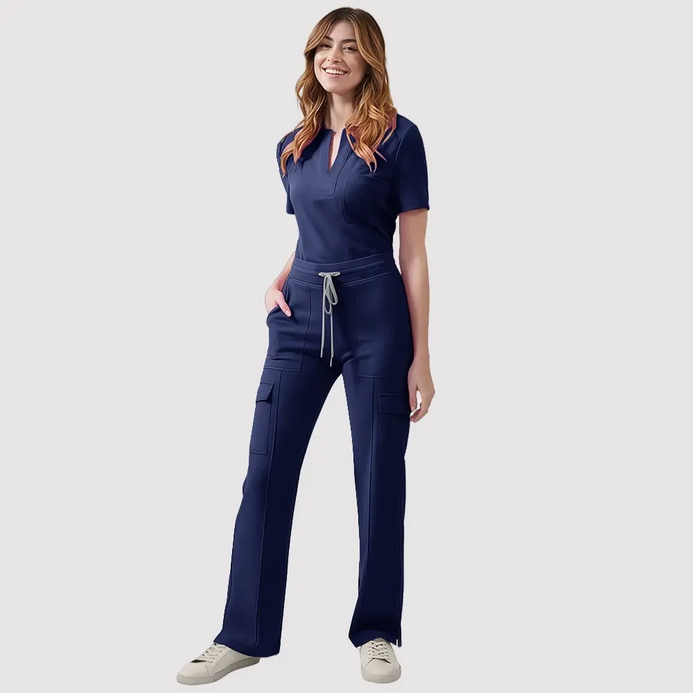 Women's 2-Piece Nurse Scrubs Set, Premium 4-Way Stretch Polyester-Spandex Women's Clothes, Split V-Neck Top & Multi-Cargo-Pocket Pull-On Drawstring Pants, Vibrant Solid Color Medical Workwear for Hospital