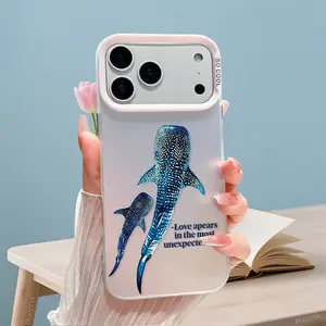 Two Whale Sharks and Text Pattern Phone Case For iPhone 17 17e 16 Pro Max 16e 15 Plus 14 13 12 11 Shockproof Drop Protective Durable PC Smartphone Cover Cellphone Casing Cover