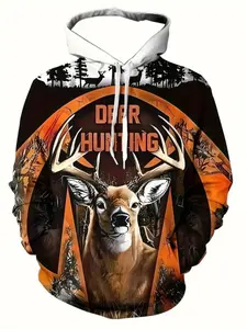 Men's 3D Reindeer Print Hoodie, Long Sleeve Casual Fitted Sweatshirt with Drawstring Pocket, Fashion Graphic Top, Menswear for Spring & Fall