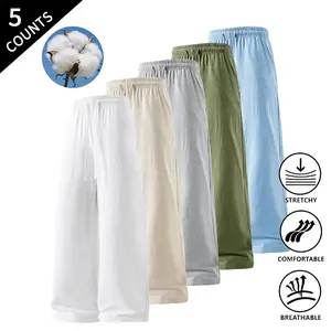 Summer wins! 5-Pack Men’s Basic Casual Pants – Elastic Drawstring Wide-Leg Trousers for Wardrobe Staples and Mix-and-Match Outfits
