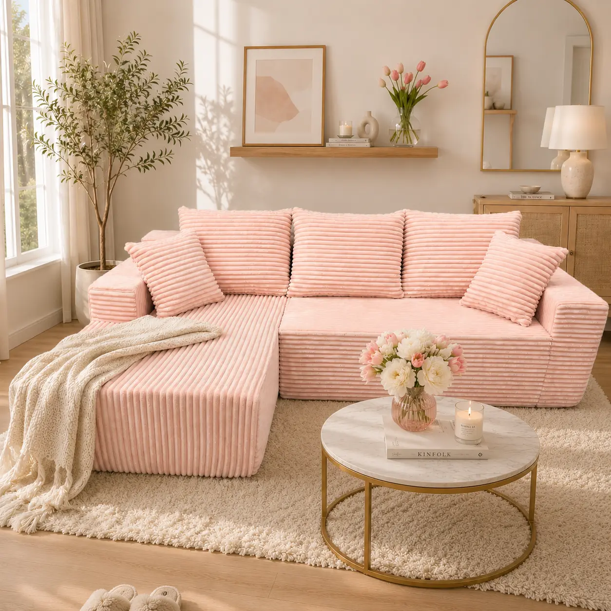 96" Pink L-Shaped Sectional Sofa Couch, Modern Chenille Boneless Cloud Sofa with No Assembly Required, Oversized Modular Deep Seat Comfy Couch Set, Flexible Configuration Living Room Furniture L- shapes of a