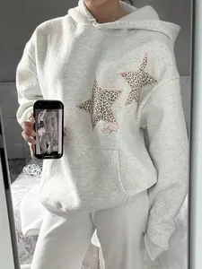 Women's Loose-Fitting Long Sleeve Hoodie, Hooded Detail, Star Leopard Print, Casual Chic Fall & Winter Sweatshirt, Pocket Design, Y2K Style