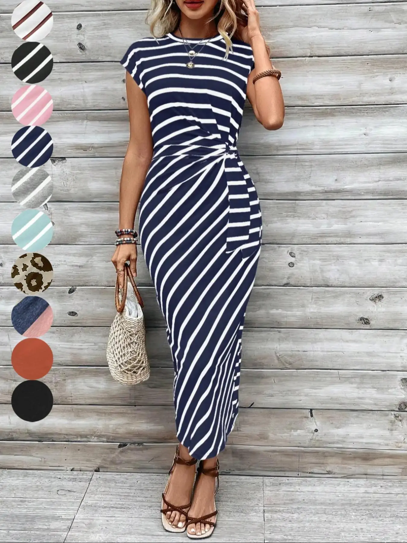 Women's Striped Print Knot Bodycon Dress, Summer Outfits 2024, Elegant Drop Shoulder Short Sleeve Long Dress for Summer, Sundress Maxi Dress, Frenchy