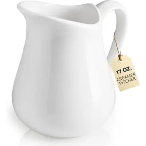 17 OZ Ceramics Creamer Pitcher with Handle, Coffee Milk Pourer for Home Kitchen, Microwave Dishwasher Freezer Safe, White
