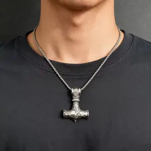 Stainless Steel Mjolnir Necklace for Men, Viking Thor Hammer Pendant with 20" Chain - Norse Mythology Gift