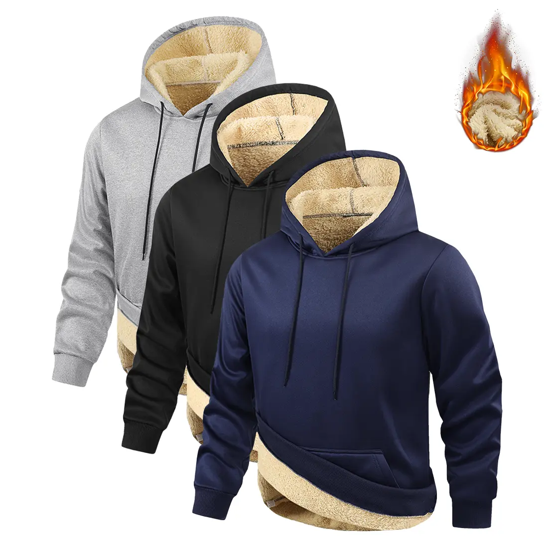 3pcs Men's Hooded Sweatshirt Winter Thick Warm Fleece Lined Pullover with Kangaroo Pocket Windproof Long Sleeve for Sports and Outdoor Activities Navy Blue Black Gray Vneck Menswear Tops Operator Casual