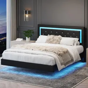 Queen Size Bed Frame with Headboard, Floating Bed Frame with LED Lights, Upholstered Platform Bed with Diamond Tufted Headboard, No Box Spring Required, Black