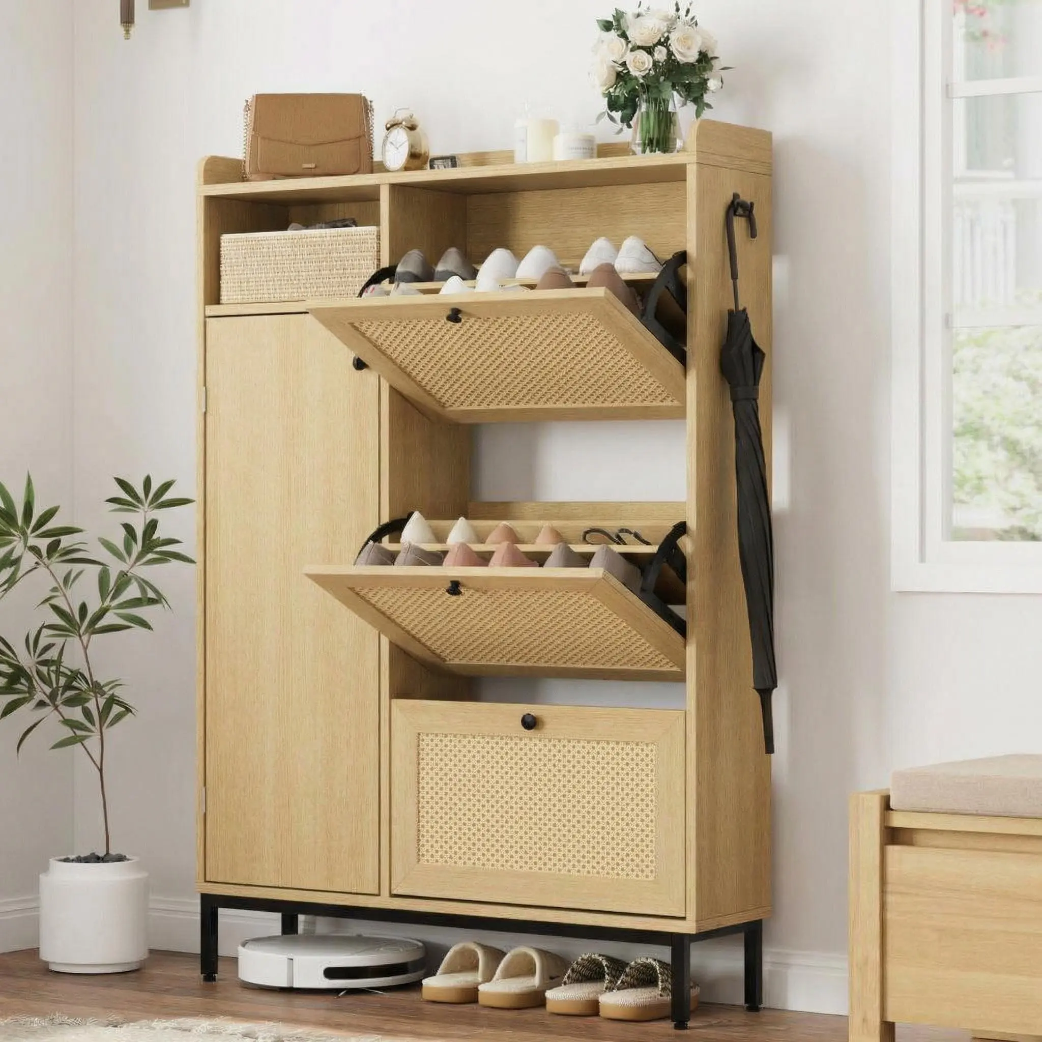 3-Drop-Down Drawer Oak Narrow Hand-Woven Rattan Shoe Cabinet with 4 Adjustable Shelves, Adjustable Legs, Anti-Tip Device - Freestanding, MDF Wood, Modern, Holds 18-36 Pairs - For Hallway, Wardrobe, Shoe Storage Organizer, Side Hooks