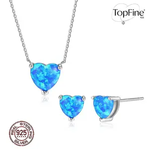 Blue Opal Heart Pendant Necklace Earrings Set in 925 Sterling Silver for Women - Unique Light Luxury Love Lock Bone Chain Earrings Suitable for Daily Wear, Dating, Birthdays, and Perfect Gifts for Girlfriends and Friends