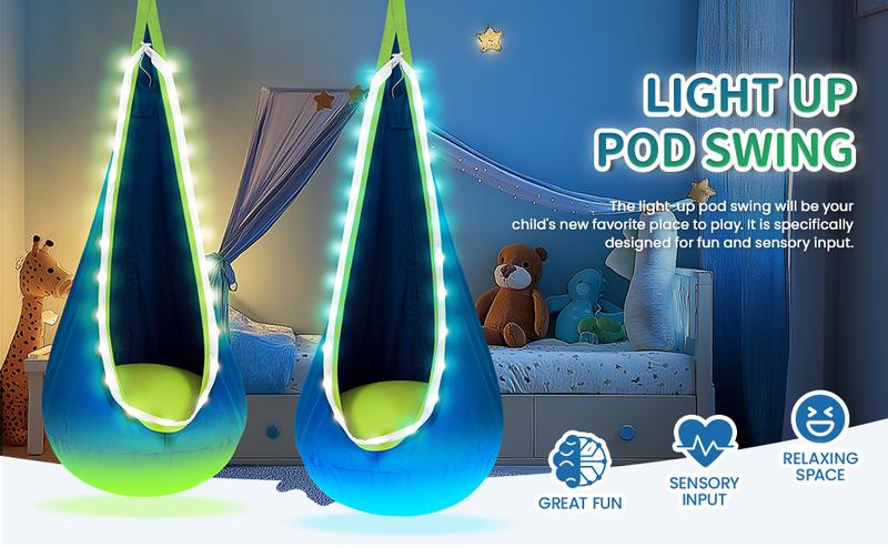Christmas Gift for 3+Years Old Pod Swing with LED Lights & Inflatable Pillow Hanging Hammock Swing for Indoor & Outdoor Sensory Chair for Ages 8-13