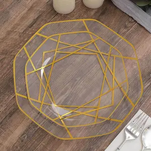 10-Pack Plastic Octagon Dessert Plates 8" Clear with Gold Geometric Design - Stylish Disposable Salad/Appetizer Plates