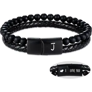 Father's Day Gifts for Dad Husband Leather Bracelet for Men Letter A-Z Beaded Bracelets I Love You Gifts for Him Boyfriend Initial Bracelet Anniversary Birthday Gifts for Son Husband Christmas Graduation Jewelry