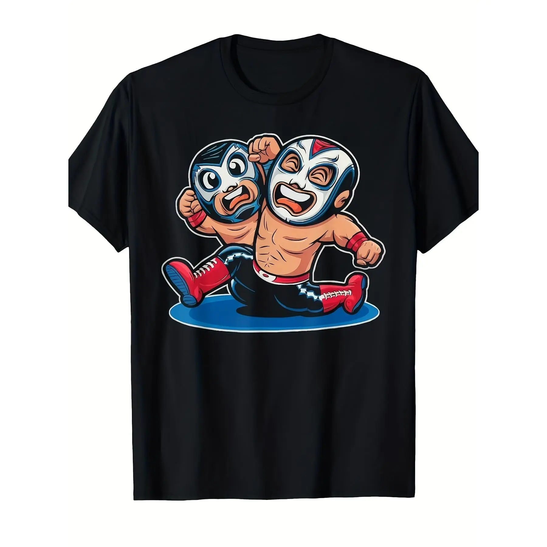 Women's Knit Short-Sleeve Round Neck Tops - Polyester Stretch, El Santo & Iconic Luchador Masks Graphic Print, Casual Streetwear for Lucha Fans, Casual Ootd, Comfy Ootd, All Day Wear