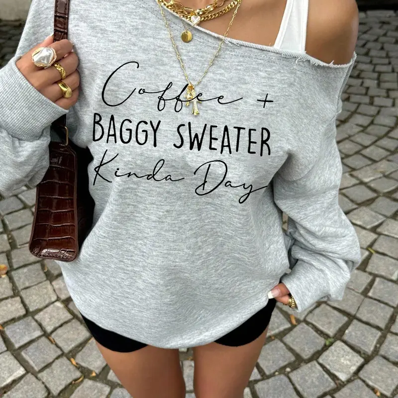 Women's New Letter Print Asymmetrical Neckline Long Sleeve Sweatshirt, Autumn Top, Fall Season Sweatshirt, Casual Fashion Fitted Top for Everyday Wear, Cozy Graphic Sweatshirt
