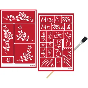2 Reusable Self Stick Glass Etching Wedding Stencils Set with Brush, Wedding Floral Mr Mrs Design Template