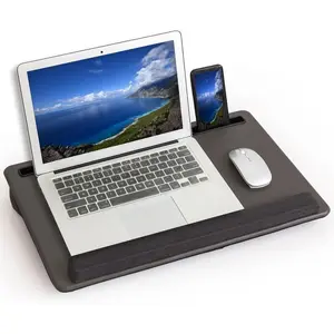 Portable laptop desk for home office, suitable for left- and right-handed users, with a whole mouse pad, wrist pad, dual cushion design, phone/tablet slots, fits laptops up to 17 inches