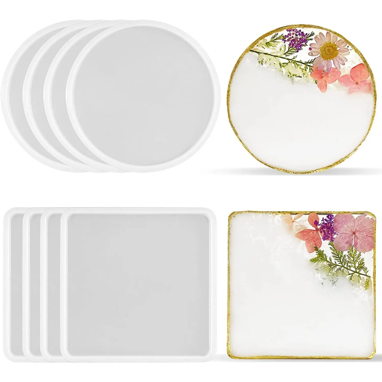 8 Pack Thick 4 inches Resin Coaster Molds Set, 4 Pack Round Coaster Silicone Molds + 4 Pack Square Coaster Resin Mold, Coaster Molds for Resin Casting