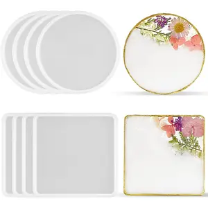 8 Pack Thick 4 inches Resin Coaster Molds Set, 4 Pack Round Coaster Silicone Molds + 4 Pack Square Coaster Resin Mold, Coaster Molds for Resin Casting