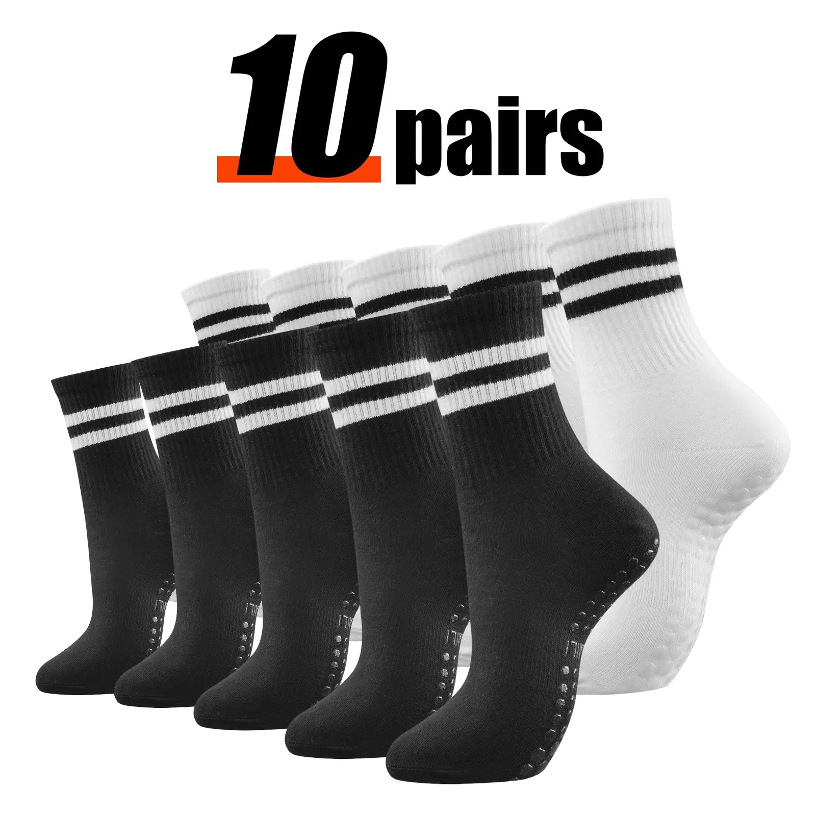 Jointlycreating 3/610 Pairs Pilates Socks with Grips for Women Non-Slip Yoga Athletic Socks for Barre Barefoot Workout Hospital Use Black & White Striped Design Polyester Material