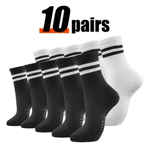 Jointlycreating 3/610 Pairs Pilates Socks with Grips for Women Non-Slip Yoga Athletic Socks for Barre Barefoot Workout Hospital Use Black & White Striped Design Polyester Material