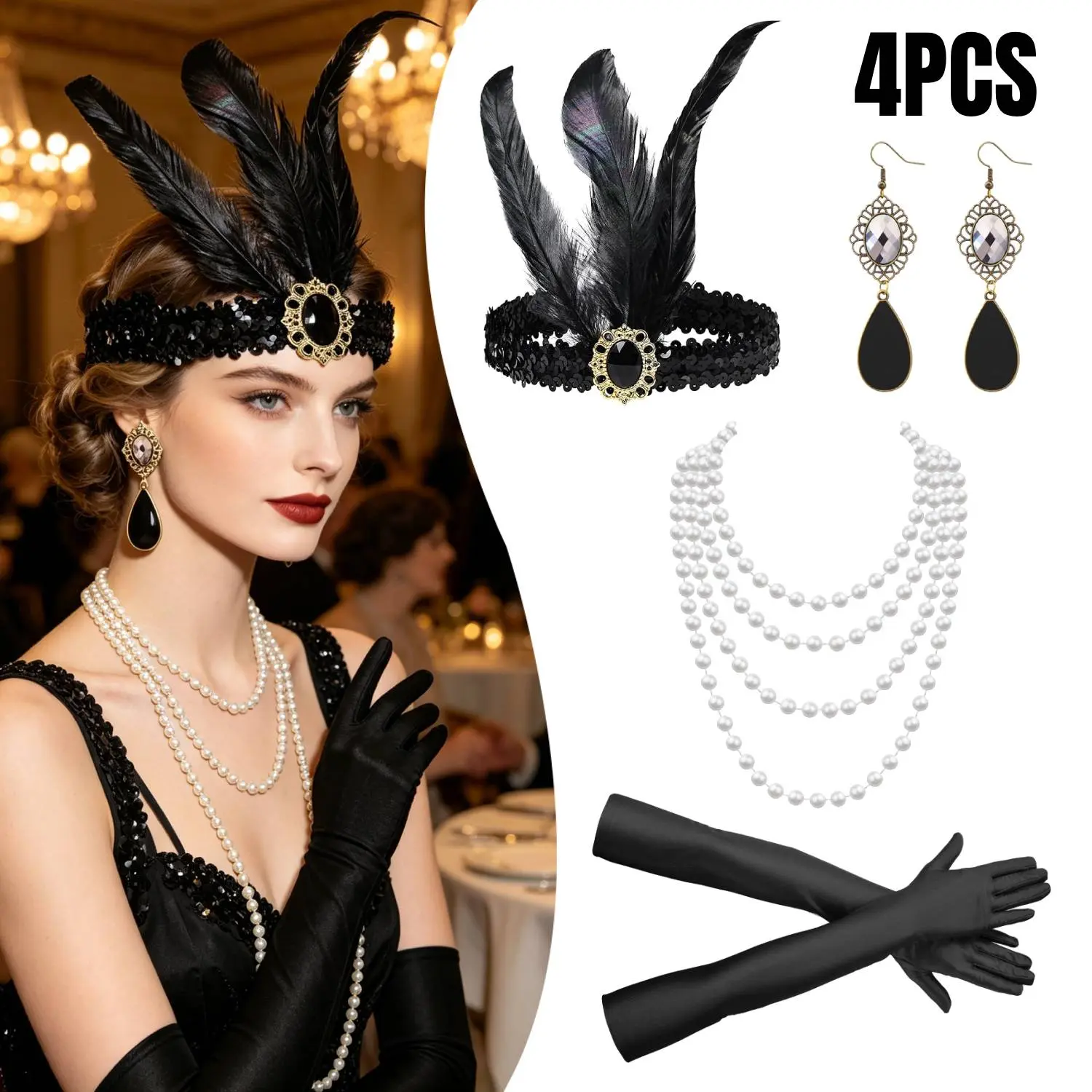 Women's 4-Piece 1920s Vintage Art Deco Flapper Accessory Set - Stretchy Elastic Feather Headband, Comfortable Long Satin Gloves, Pearl Necklace, Dangling Earrings, Fits Costumes for Great Gatsby, Halloween Events, Adds Elegance, Long Gloves, Statement Pie